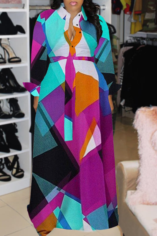 Plus Size Digital Print Button Maxi Dress With Belt