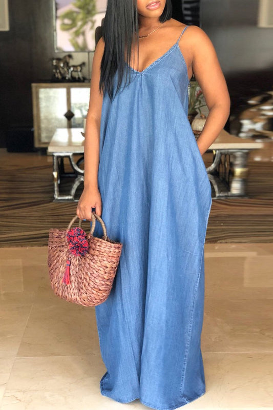 Plus Size Denim Spaghetti Straps Maxi Dress