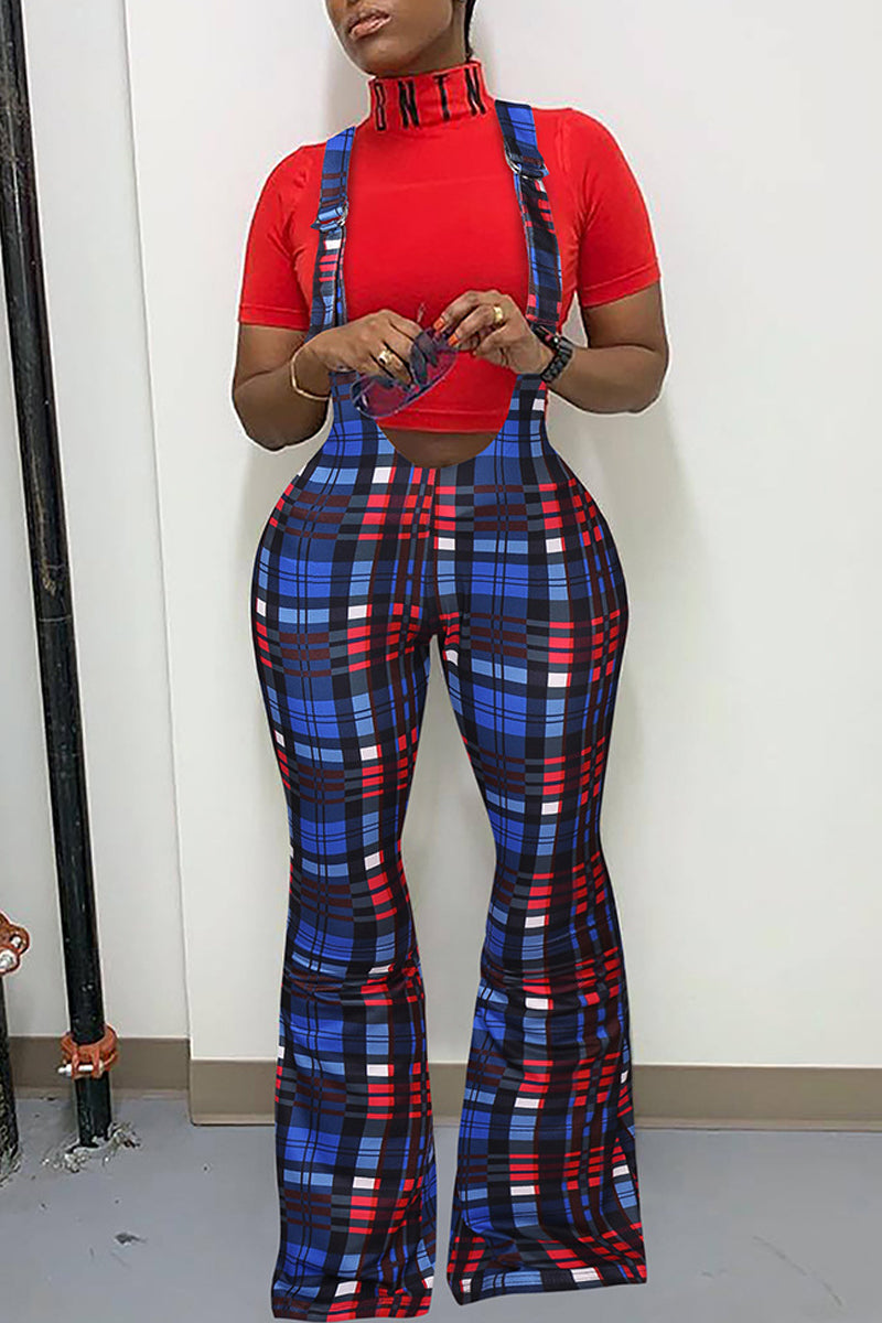 Plaid Print Zipper Flared Suspender Pants