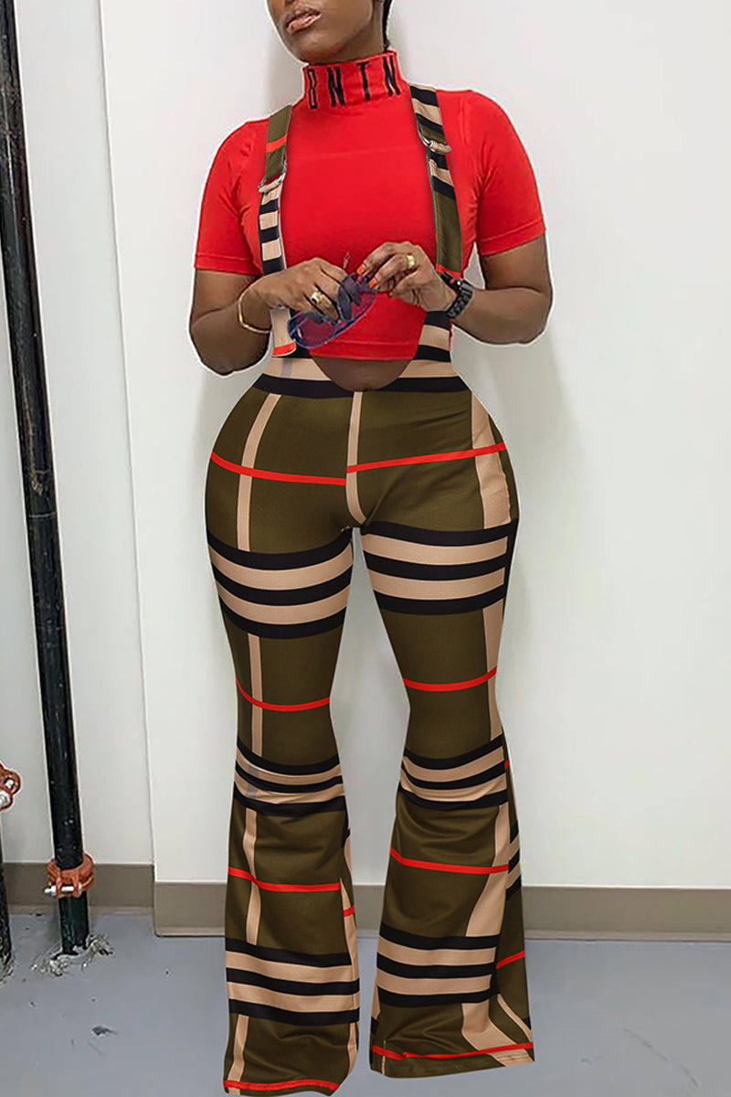 Plaid Print Zipper Flared Suspender Pants
