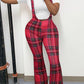 Plaid Print Zipper Flared Suspender Pants