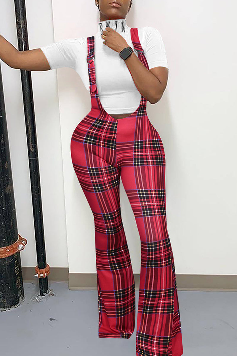 Plaid Print Zipper Flared Suspender Pants
