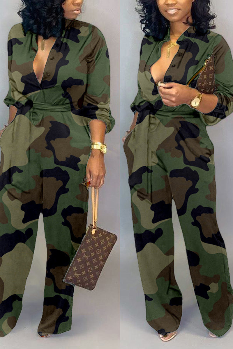 Plus Size Camouflage Print Belted Jumpsuit