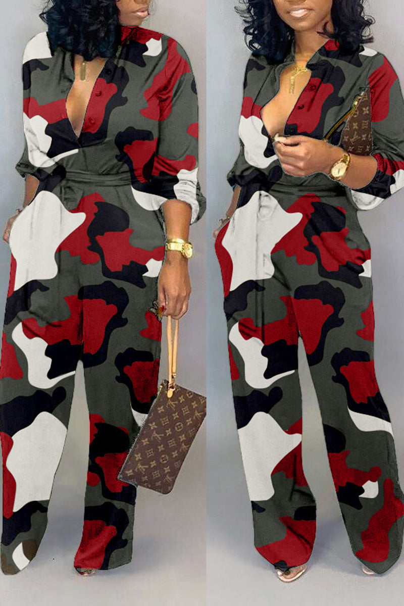 Plus Size Camouflage Print Belted Jumpsuit