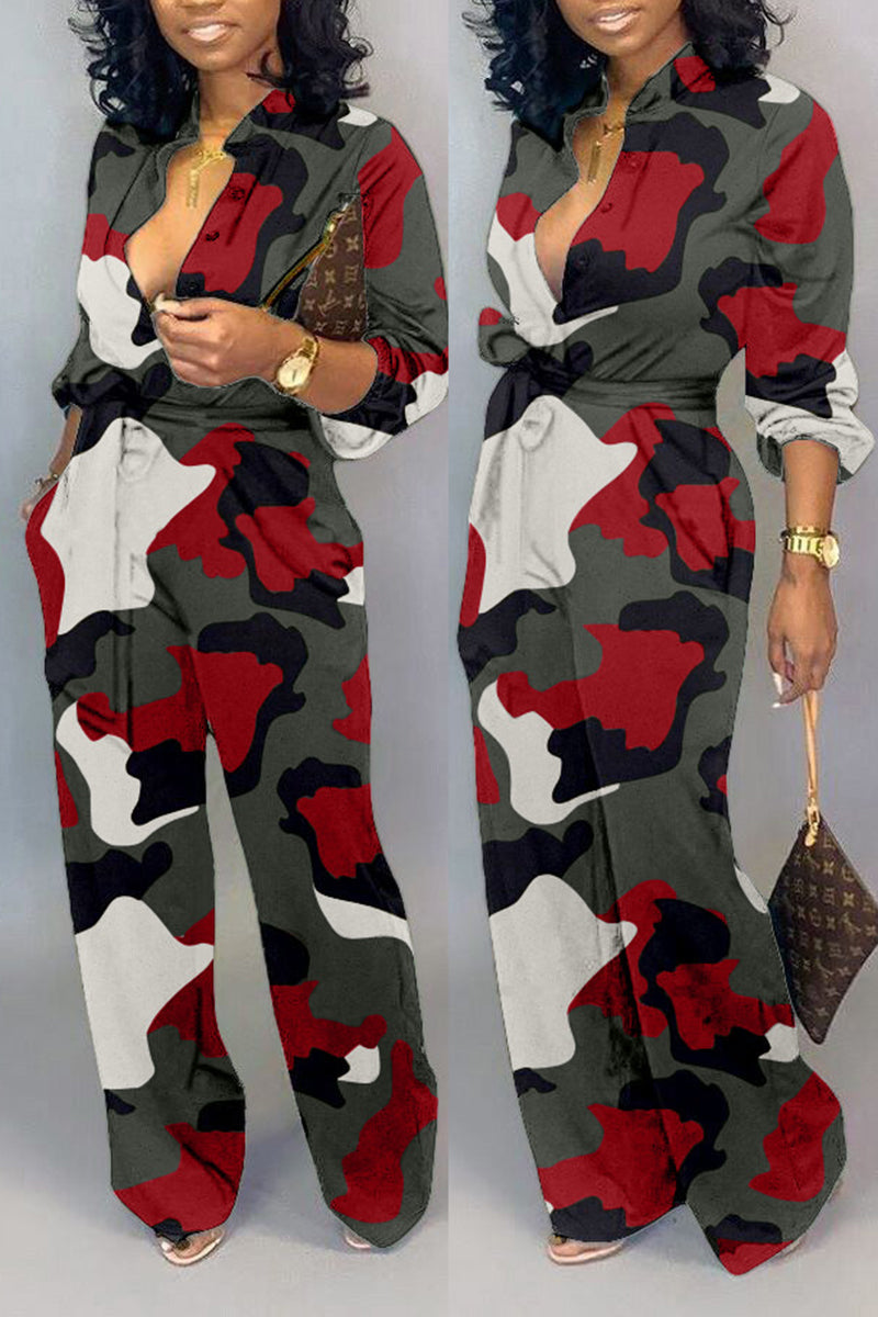Plus Size Camouflage Print Belted Jumpsuit