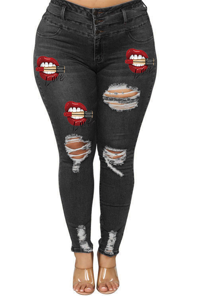 Plus Size Denim Hole Distressed Lip Pants
