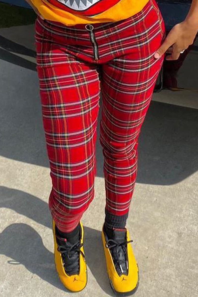 Plaid Print Zipper High Waist Pants