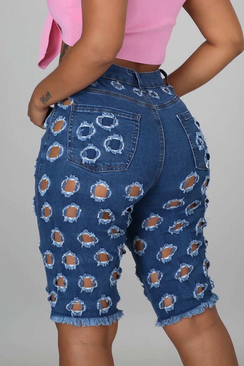 Plus Size Denim Hole Distressed Knee Length Shorts
