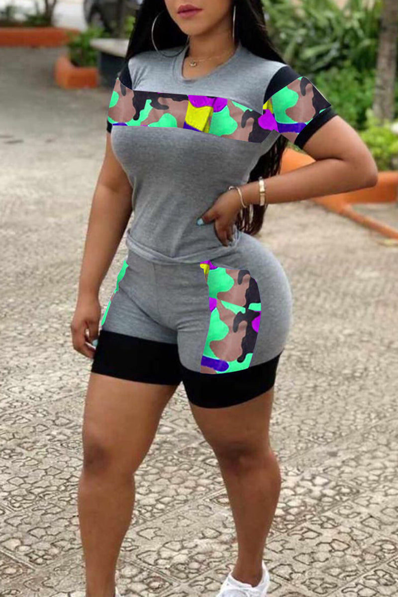 Plus Size Camouflage Patchwork Top & Shorts