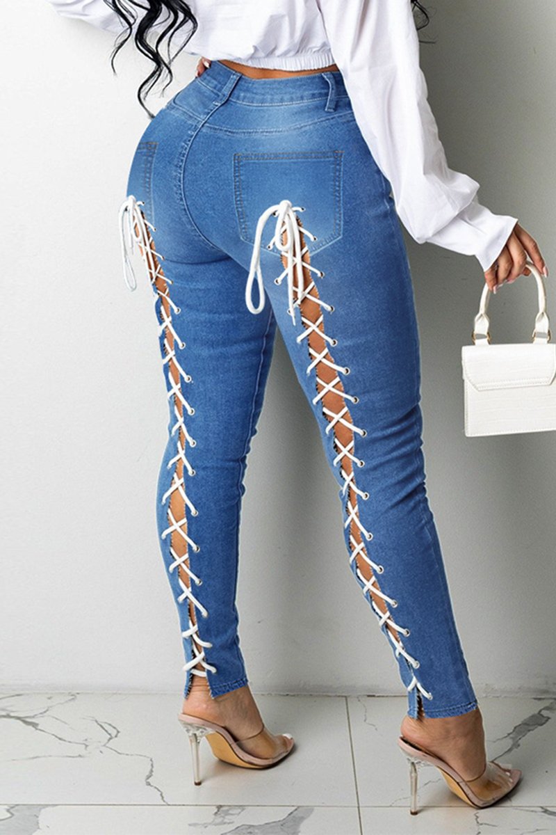Plus Size Back Eyelet Detail Denim Pants