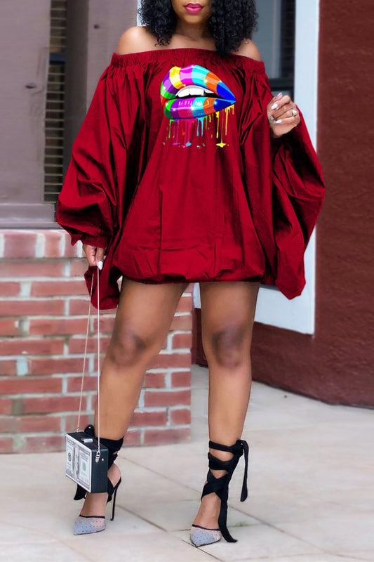 Plus Size Colorful Lip Lantern Sleeve Mini Dress
