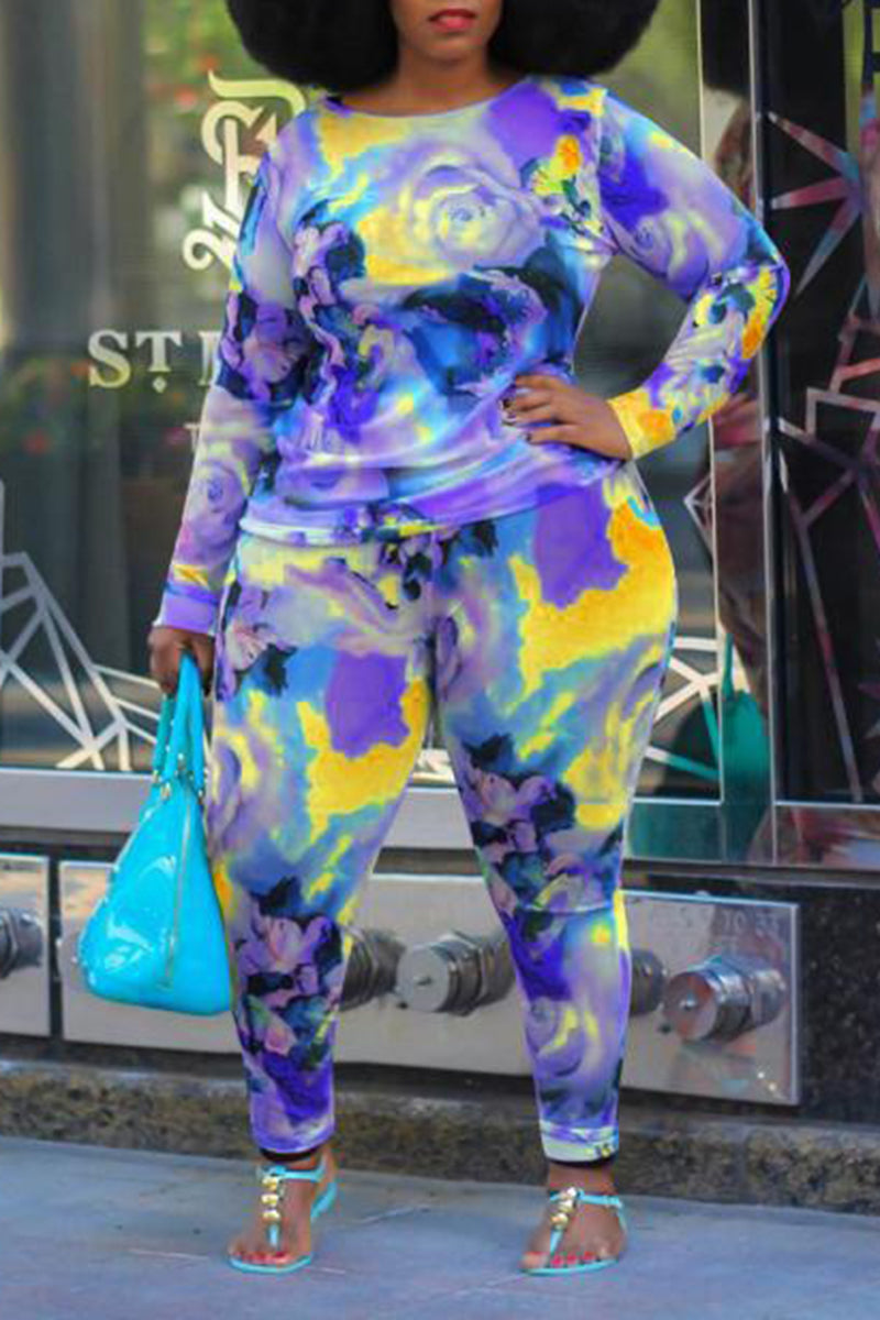 Plus Size Floral Print Long Sleeve Two Piece Sets