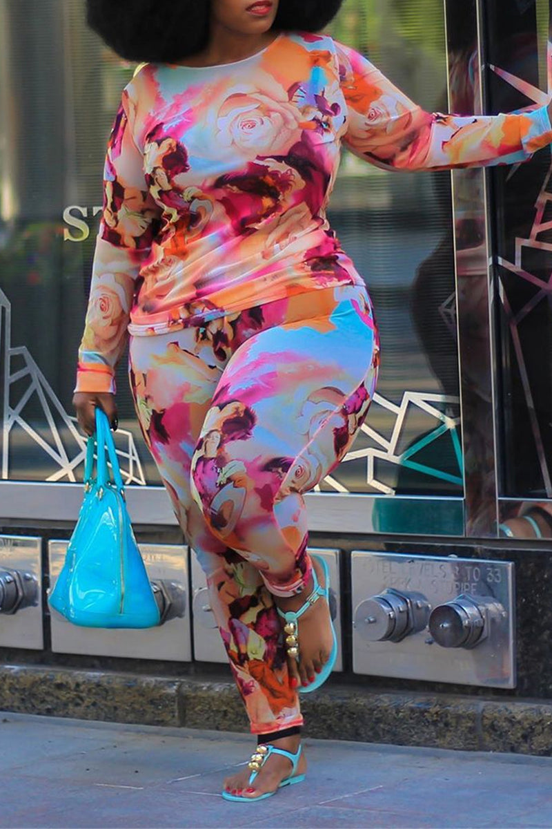 Plus Size Floral Print Long Sleeve Two Piece Sets