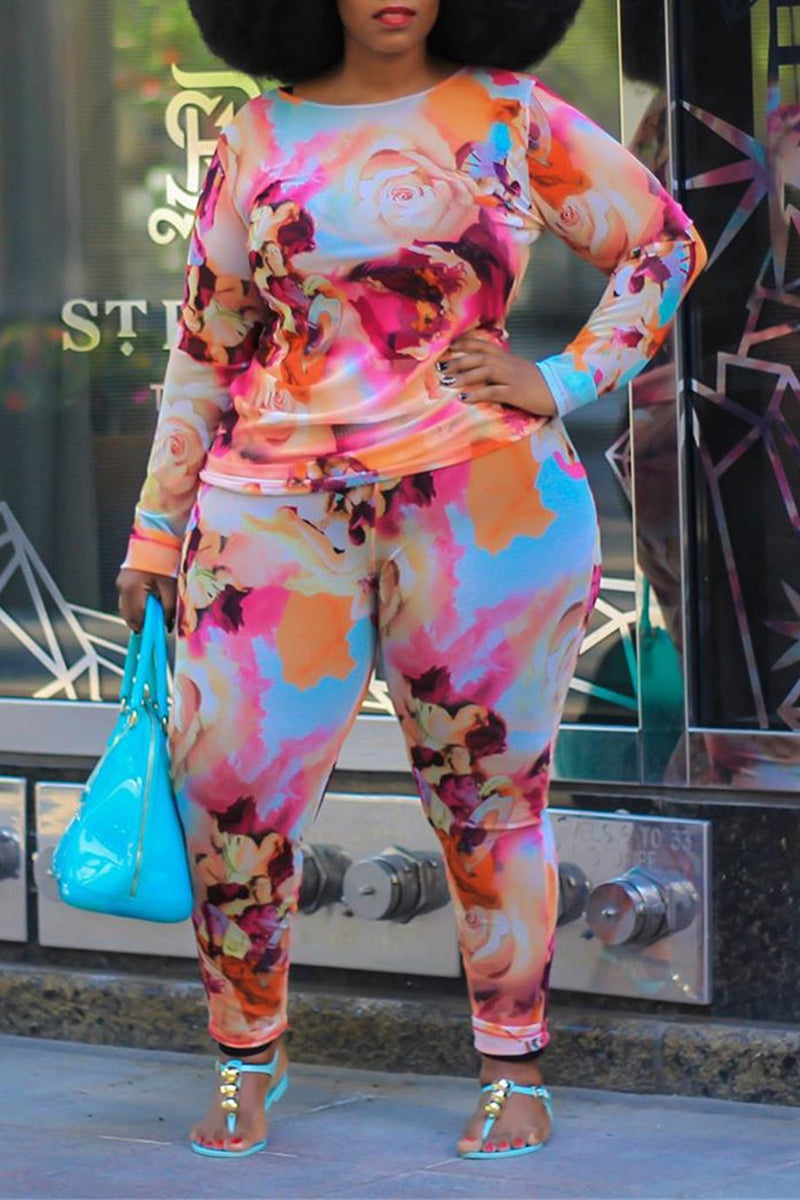 Plus Size Floral Print Long Sleeve Two Piece Sets