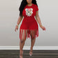 Plus Size Cartoon Print Tassels Top & Shorts