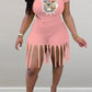 Plus Size Cartoon Print Tassels Top & Shorts