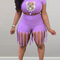 Plus Size Cartoon Print Tassels Top & Shorts