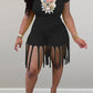 Plus Size Cartoon Print Tassels Top & Shorts