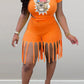 Plus Size Cartoon Print Tassels Top & Shorts