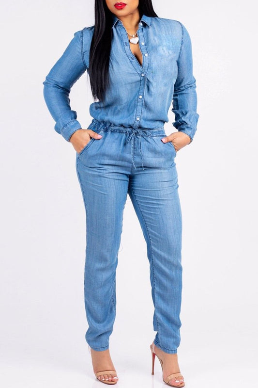 Plus Size Drawstring Turndown Collar Jumpsuit