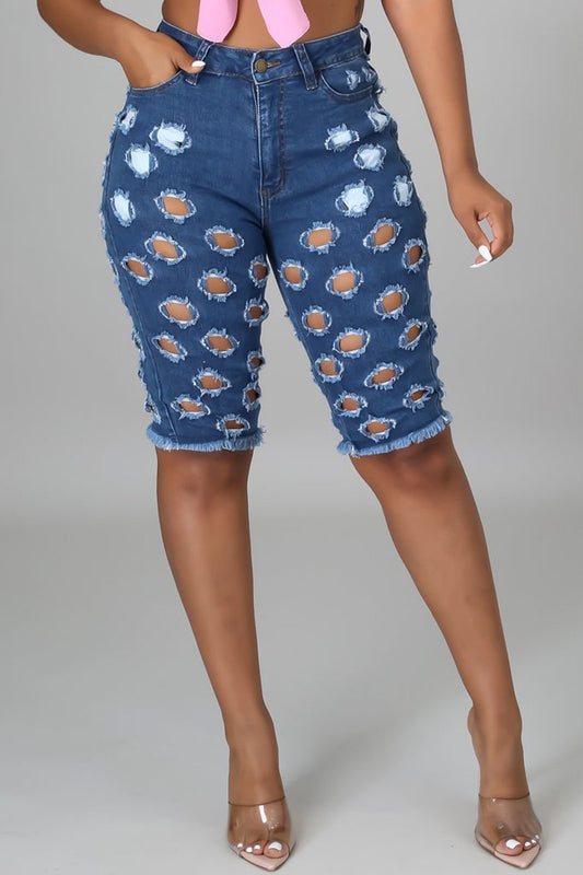 Plus Size Denim Hole Distressed Knee Length Shorts