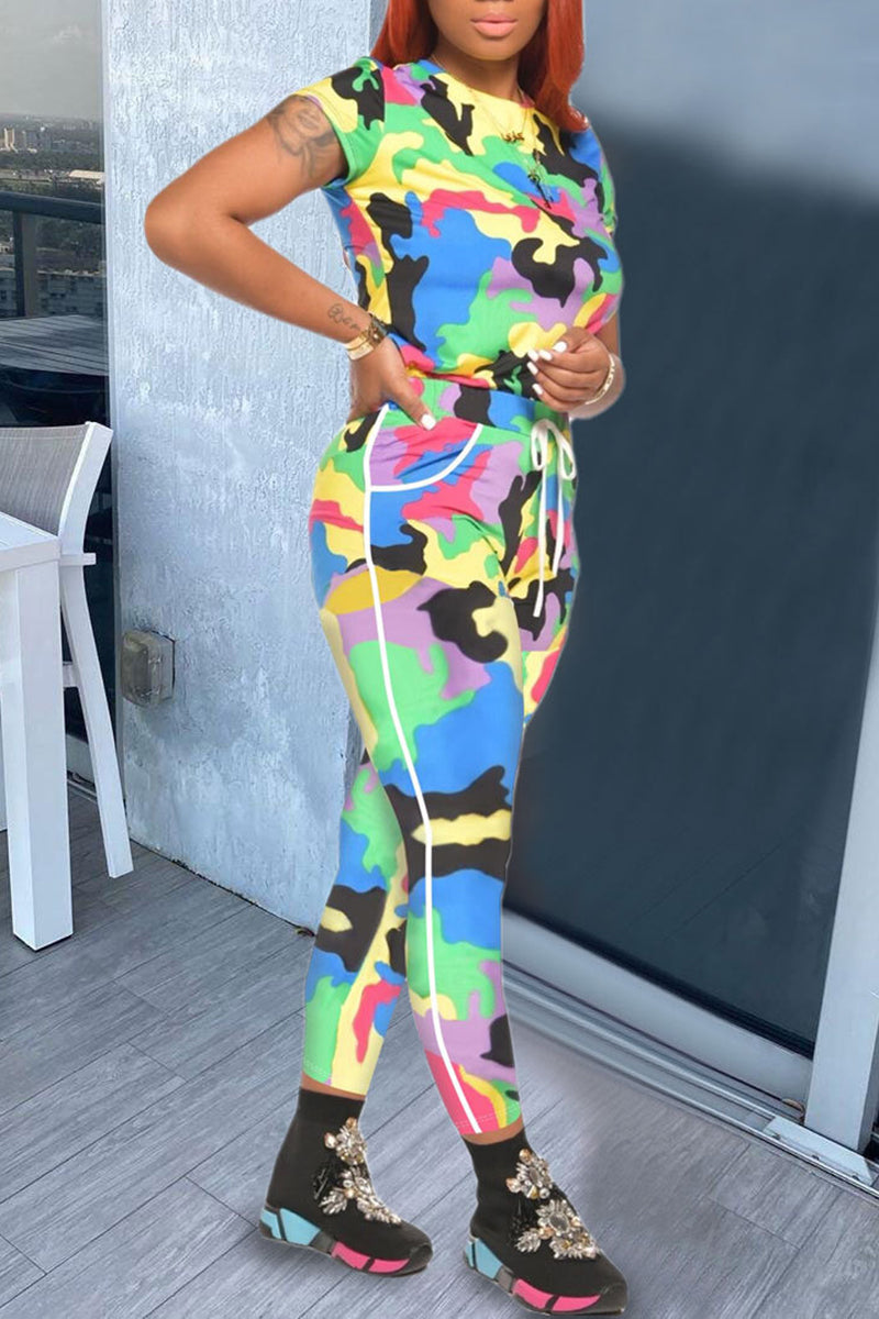 Plus Size Colorful Camouflage Lace Up Two Piece Sets