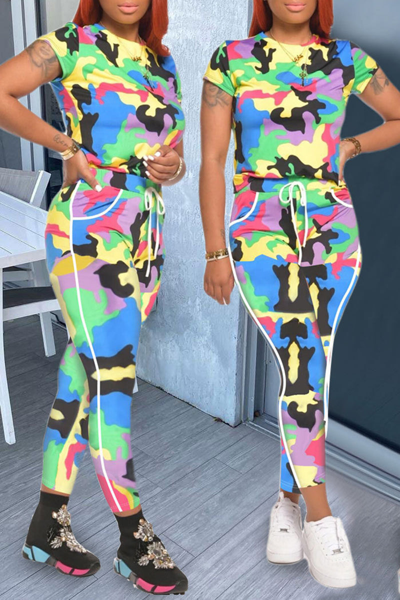 Plus Size Colorful Camouflage Lace Up Two Piece Sets