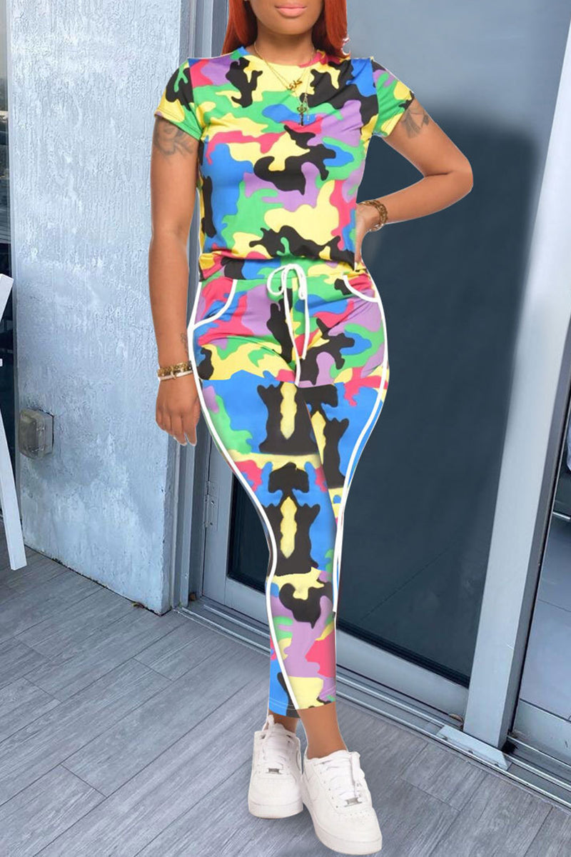 Plus Size Colorful Camouflage Lace Up Two Piece Sets