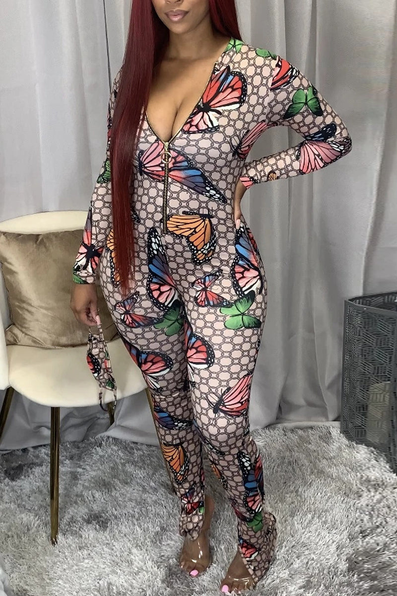 Plus Size Butterfly Print Zipper Up Jumpsuit