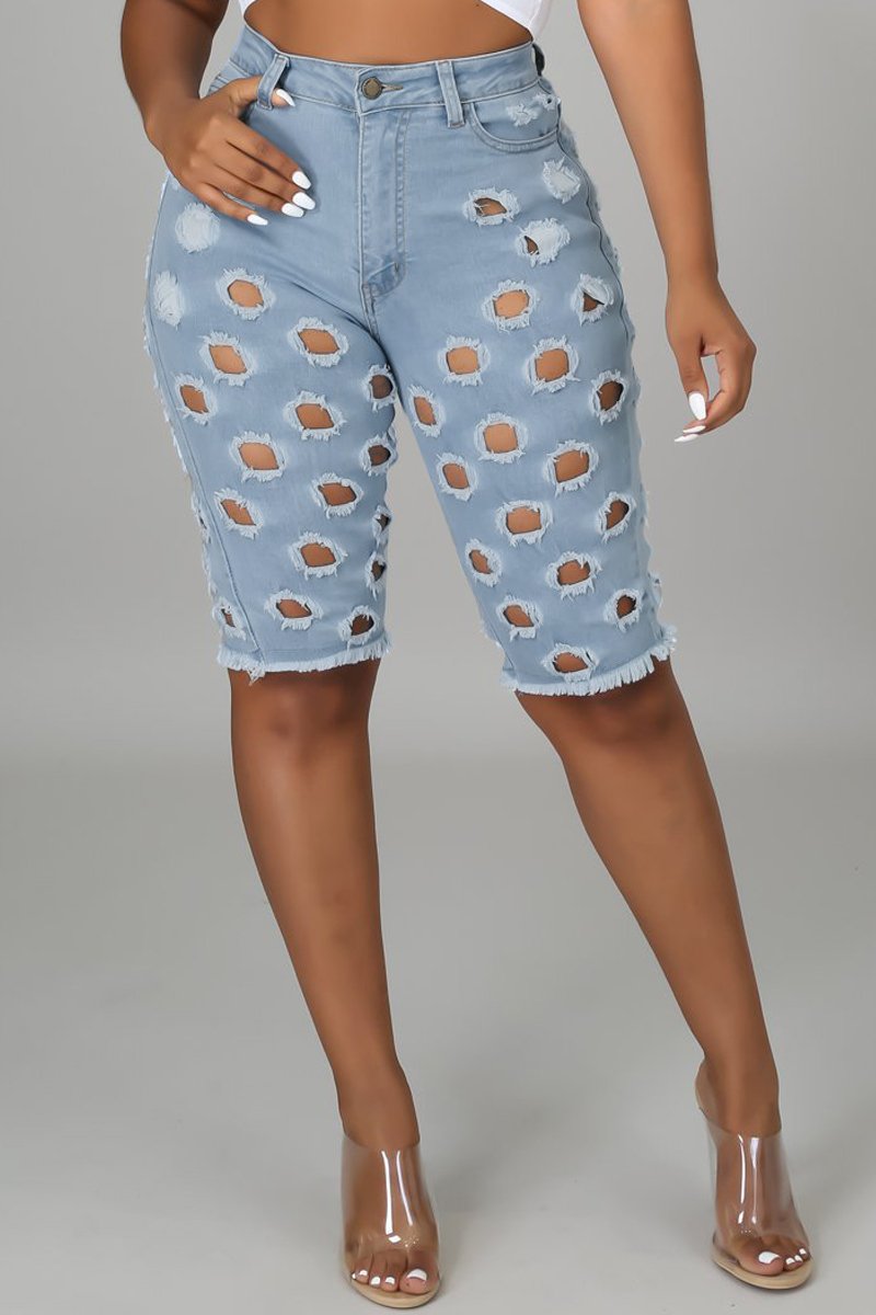 Plus Size Denim Hole Distressed Knee Length Shorts