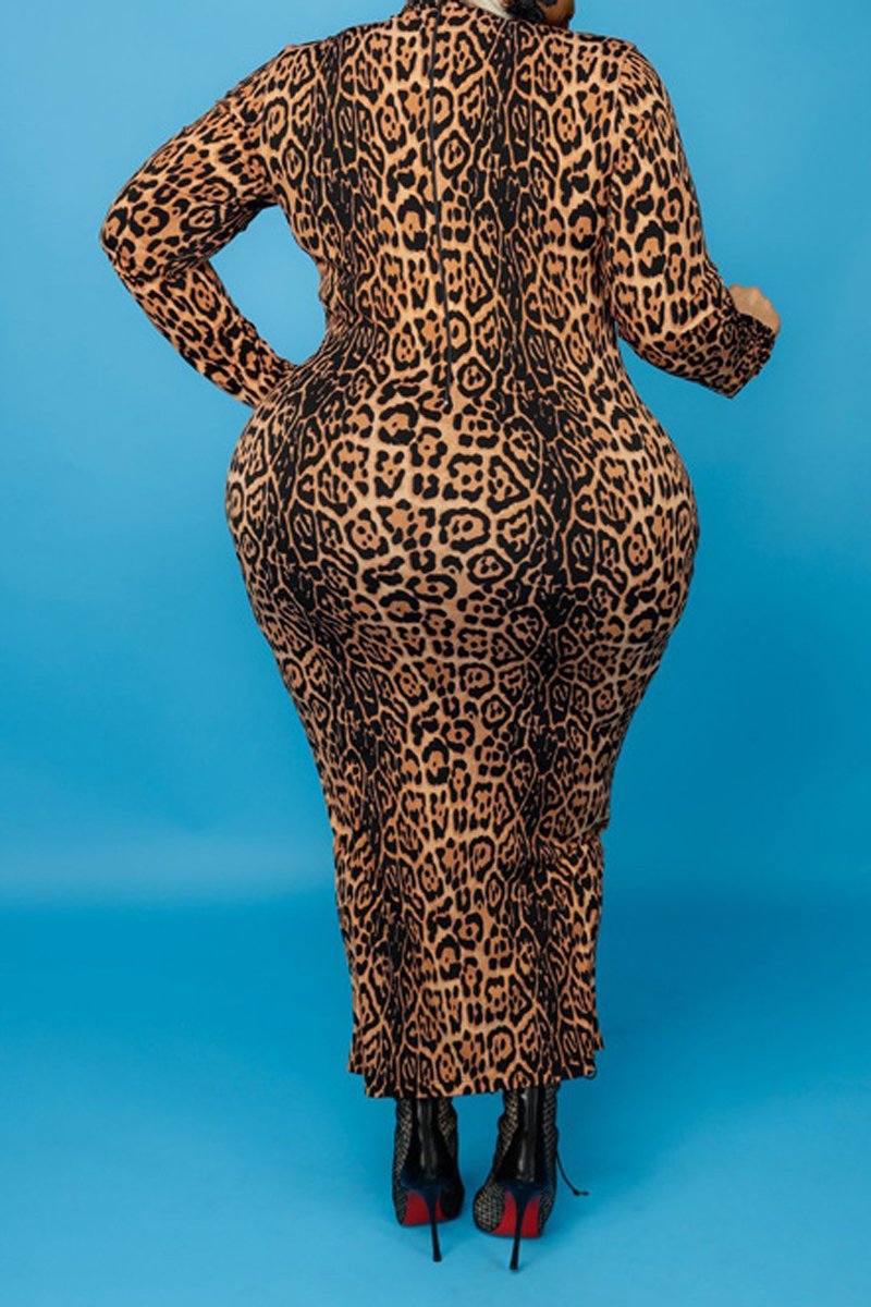Plus Size Digital Print Long Sleeve Bodycon Dress