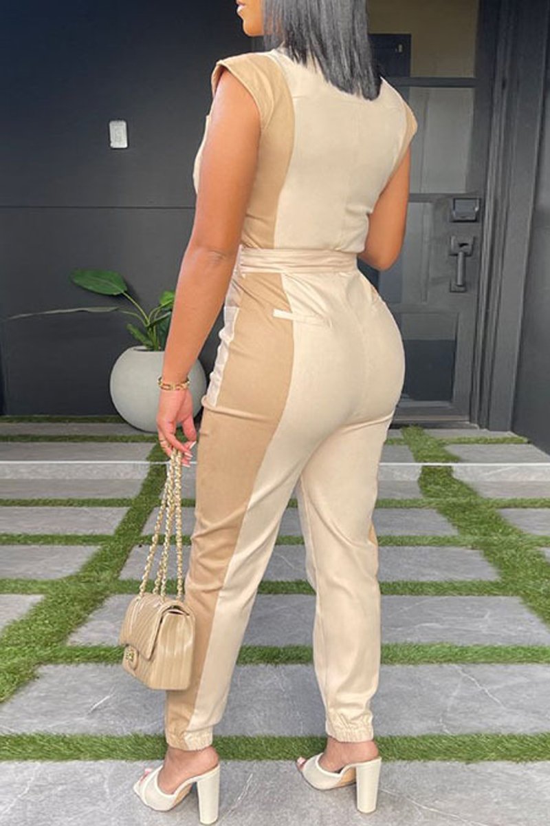 Plus Size Color Patchwork Sleeveless Belted Jumpsuit