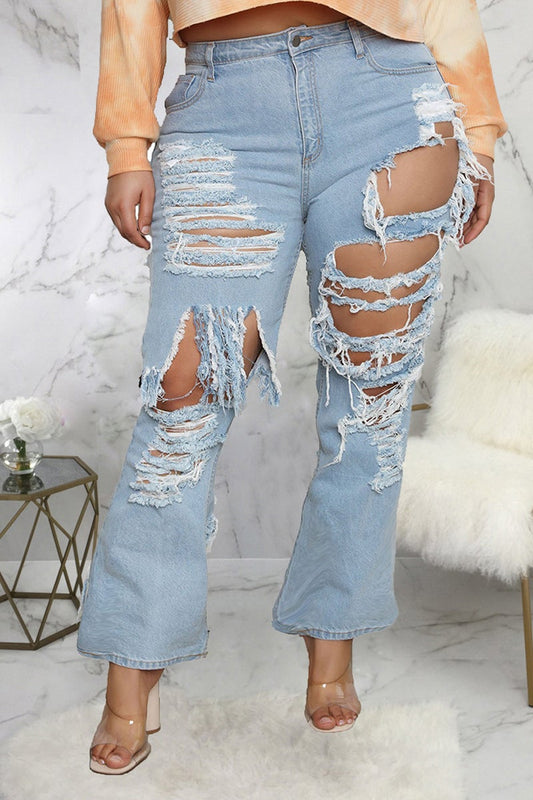 Plus Size Denim Hole Distressed Flared Jeans
