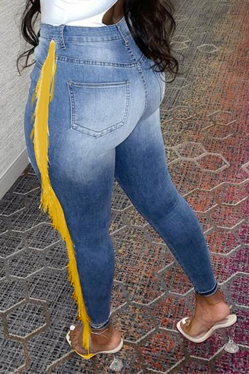 Plus Size Denim Side Tassels High Waist Jeans