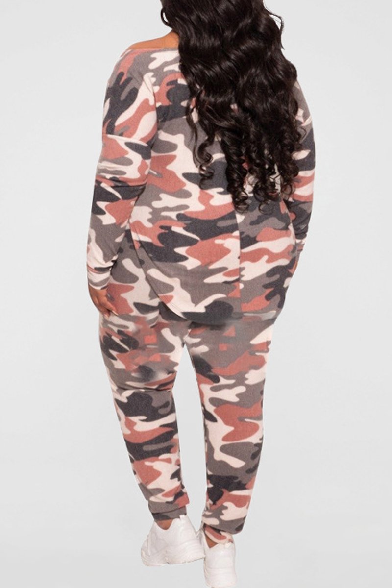 Plus Size Camouflage Print Irregular Two Piece Sets