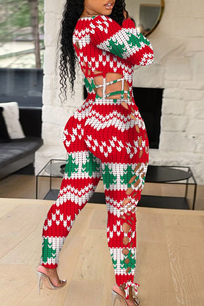 Plus Size Christmas Print Bandage Casual Jumpsuit