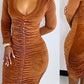 Pleated Deep V-Neck Drawstring Maxi Dress