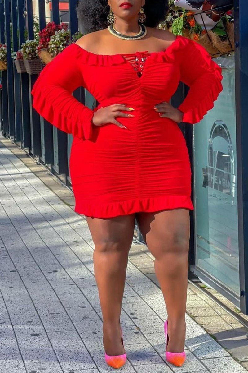 Plus Size Flounced Off The Shoulder Pleated Mini Dress
