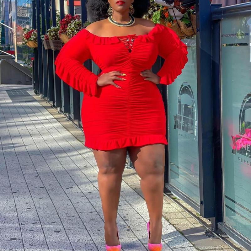Plus Size Flounced Off The Shoulder Pleated Mini Dress