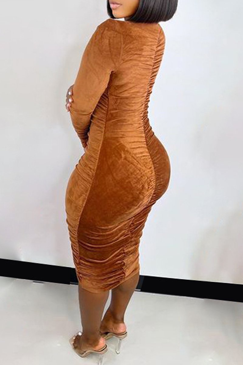 Pleated Deep V-Neck Drawstring Maxi Dress
