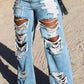 Plus Size Denim Hole Distressed Wide Leg Tassel Jeans