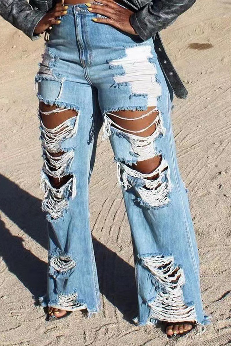 Plus Size Denim Hole Distressed Wide Leg Tassel Jeans