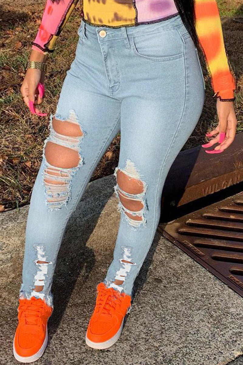 Plus Size Denim Hole Distressed Skinny Jeans