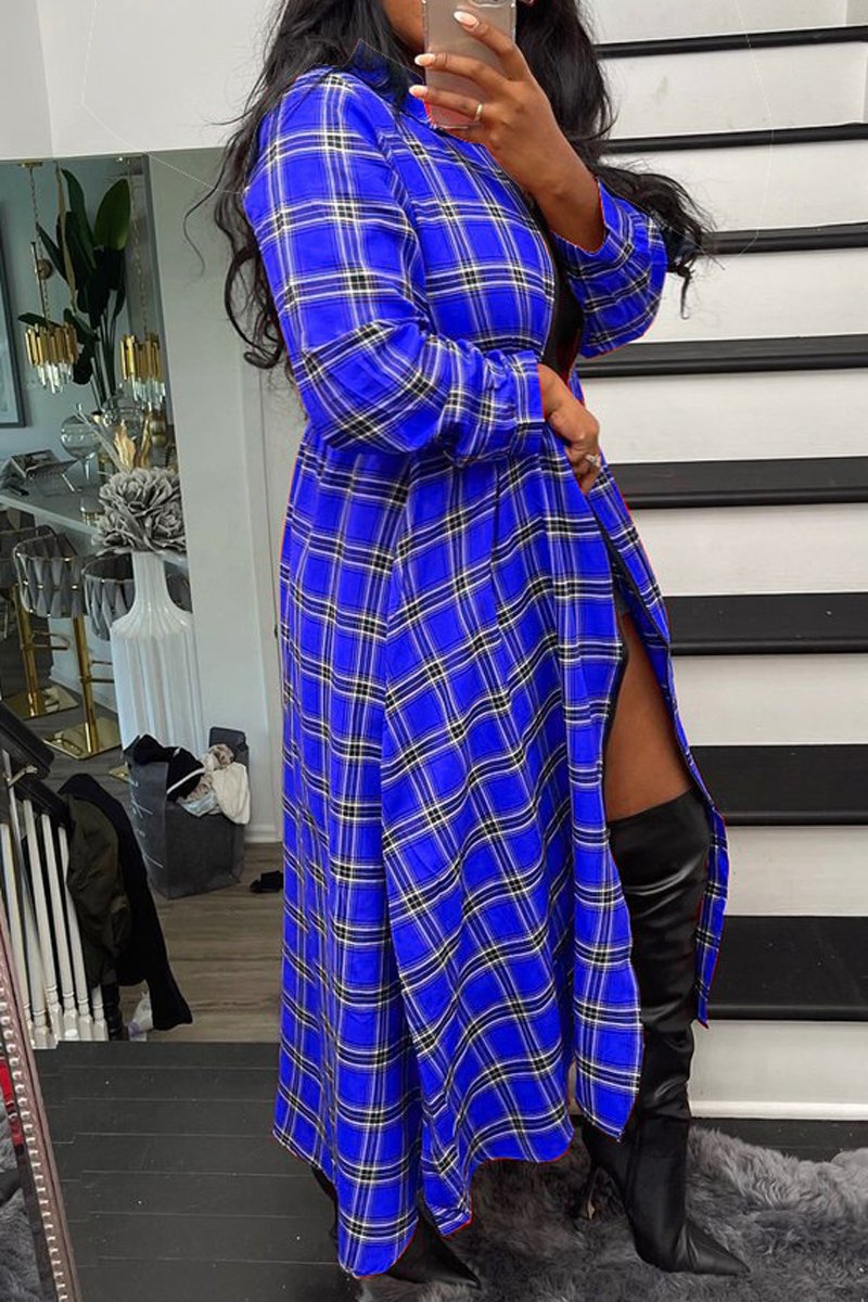 Plaid Print Zipper Long Sleeve Casual Long Coat