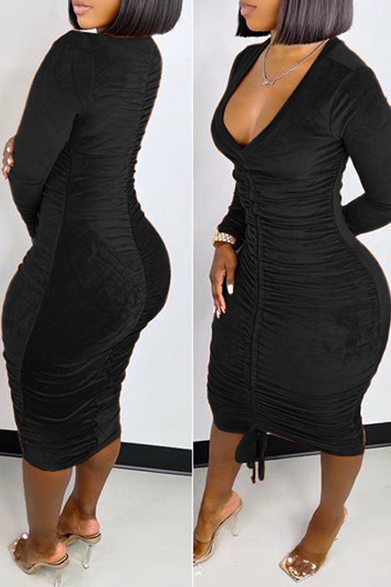 Pleated Deep V-Neck Drawstring Maxi Dress