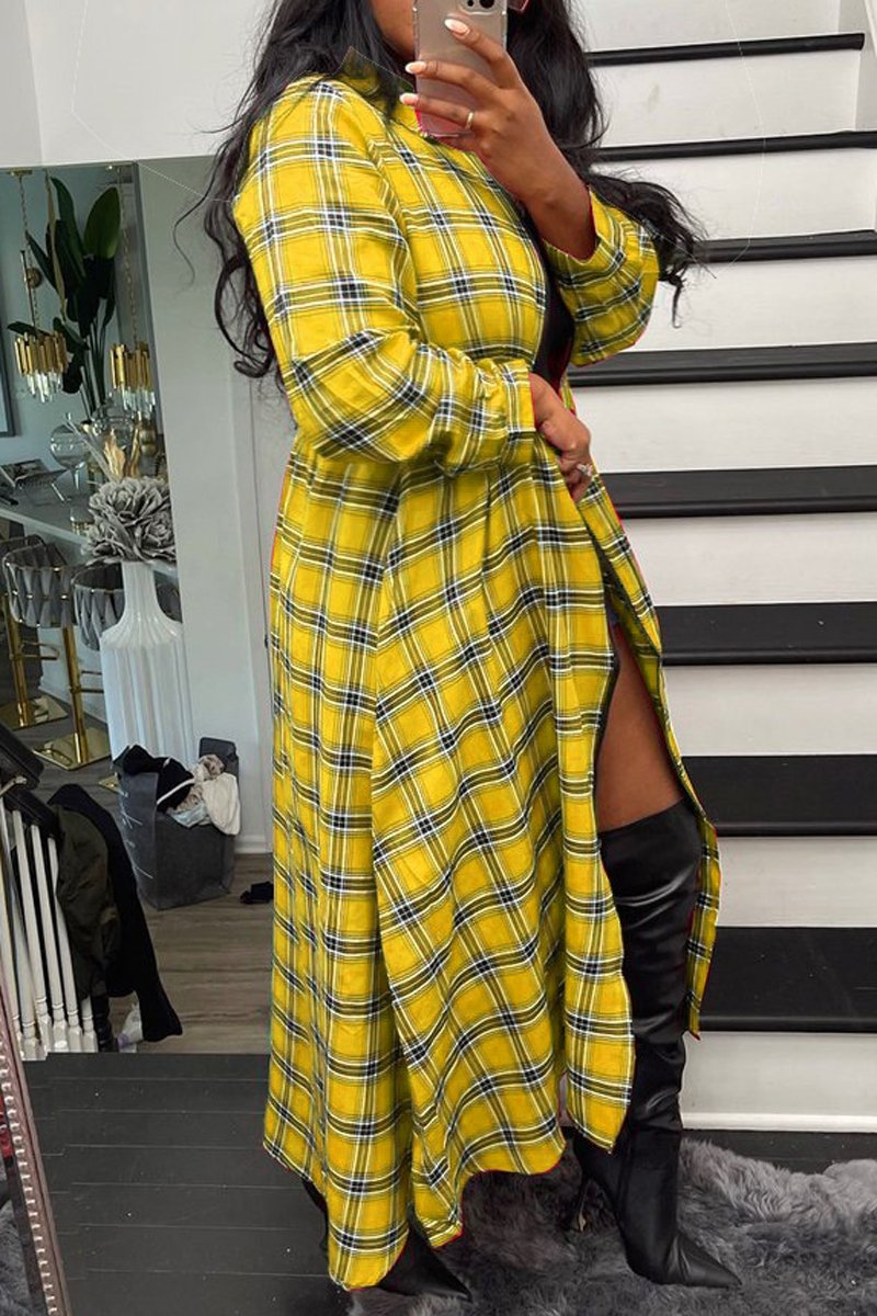 Plaid Print Zipper Long Sleeve Casual Long Coat