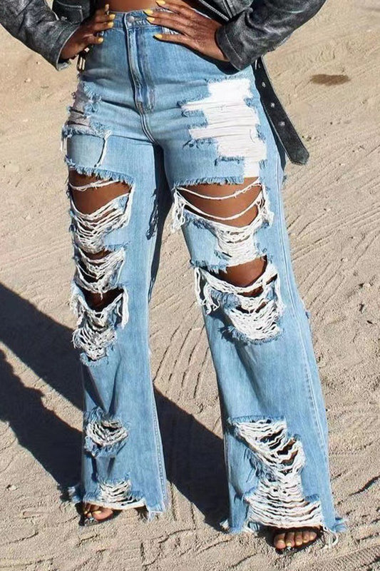 Plus Size Denim Hole Distressed Wide Leg Tassel Jeans