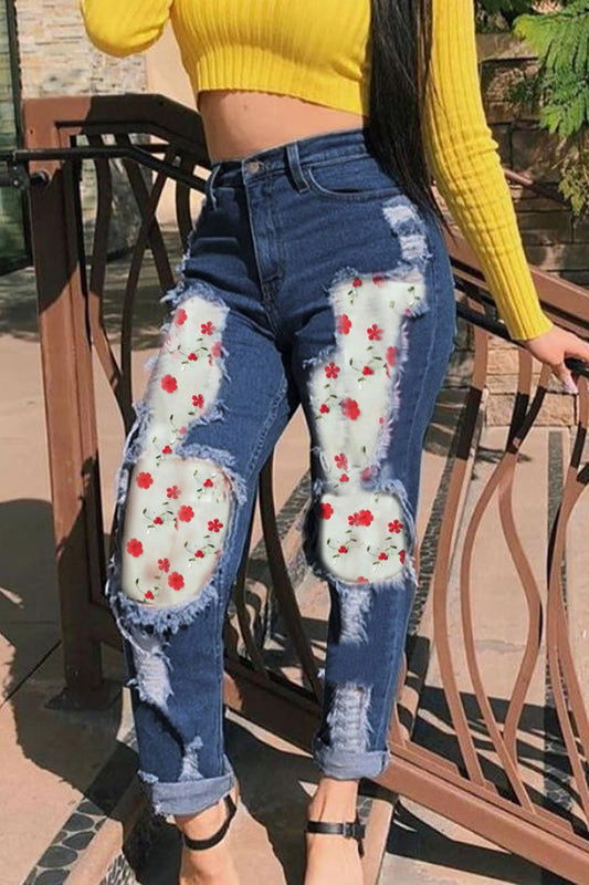 Plus Size Floral Print Patchwork Denim Pants
