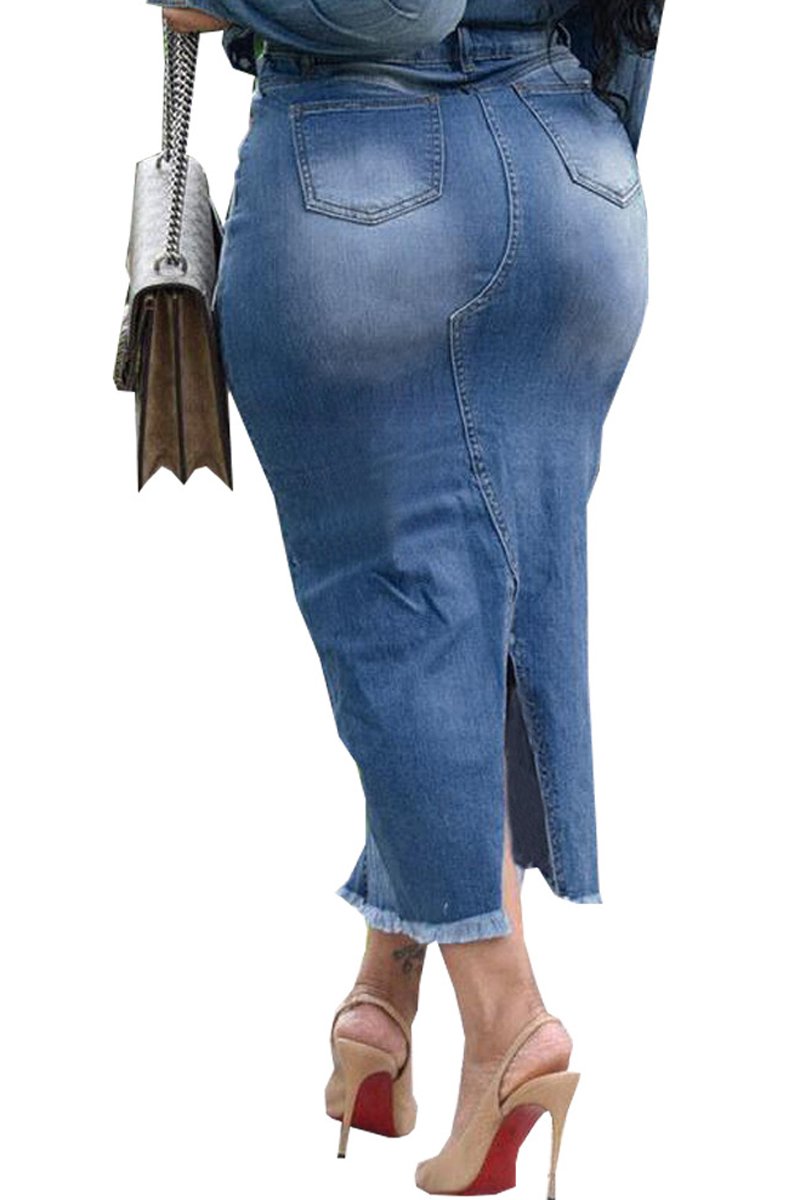 Plus Size Denim High Waist Back Slit Skirt