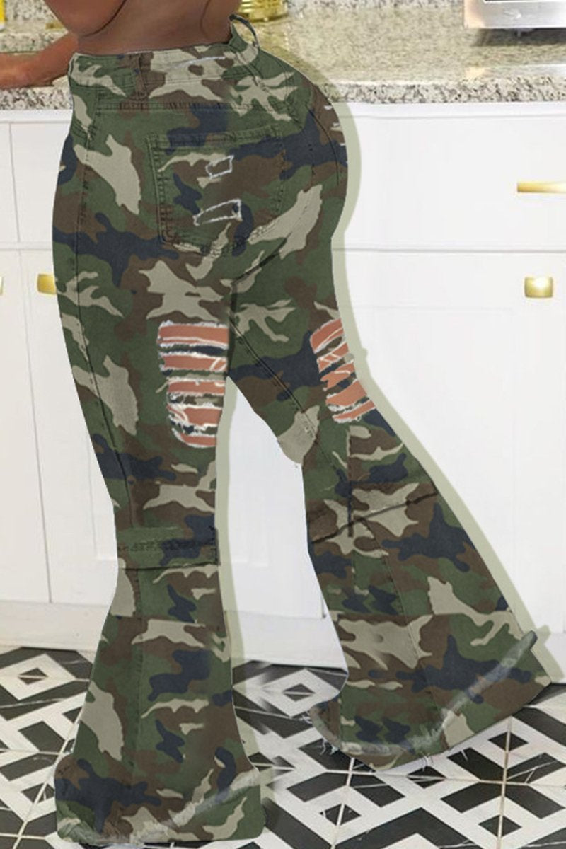 Plus Size Denim Camouflage Print Hole Flared Jeans